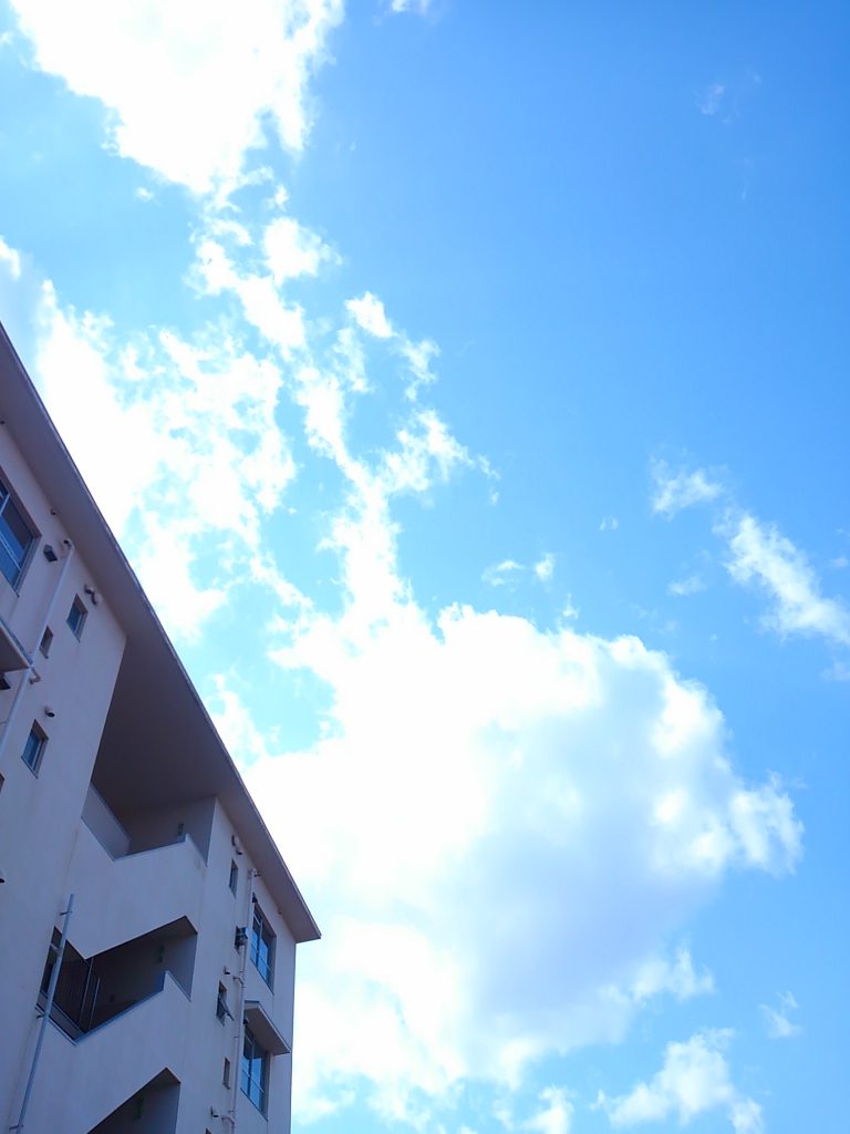 張替えた建物の一部と青空